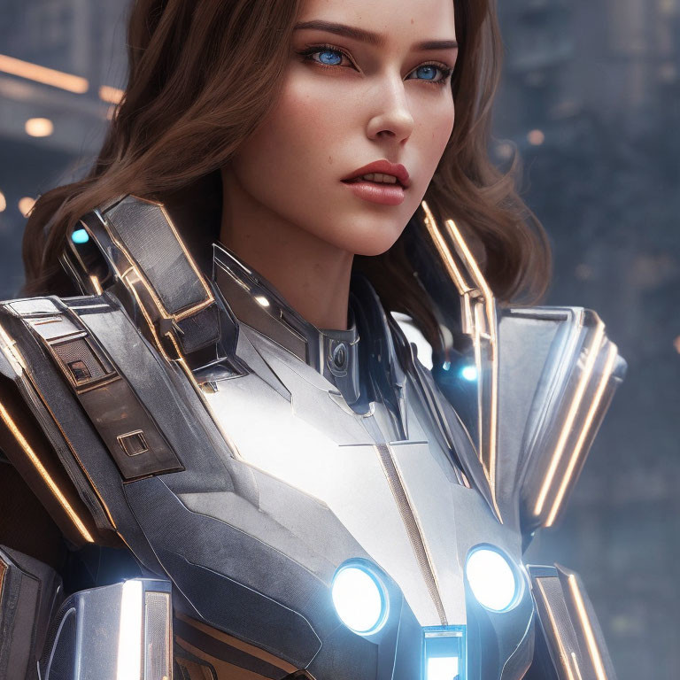 Futuristic digital artwork: Woman in blue-eyed armor with cityscape background