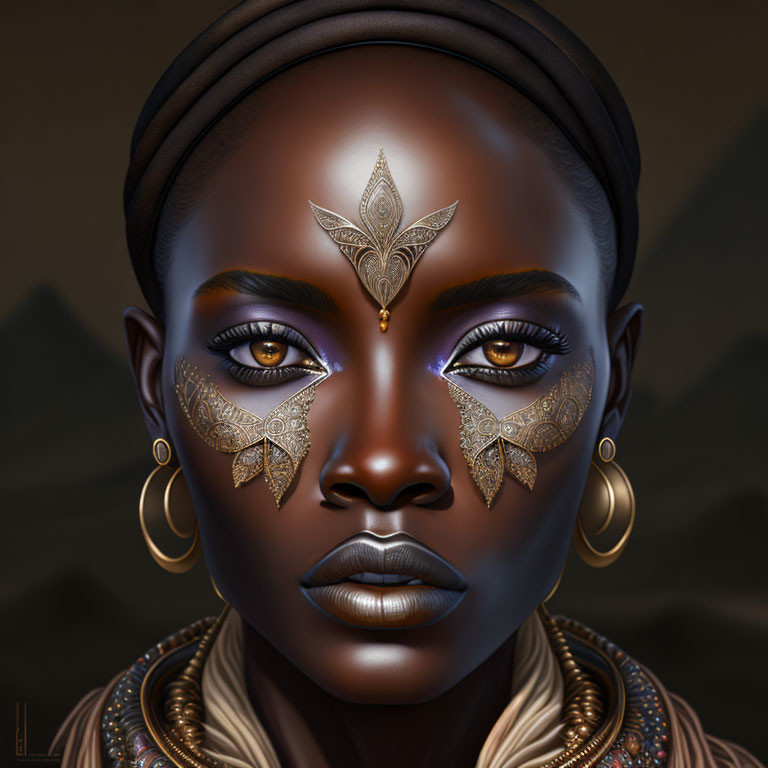 Elaborate digital portrait of a woman with golden adornments against mountain backdrop