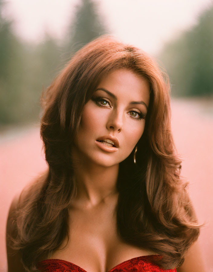 Woman with Voluminous Brown Hair in Red Garment and Hoop Earrings Against Natural Backdrop