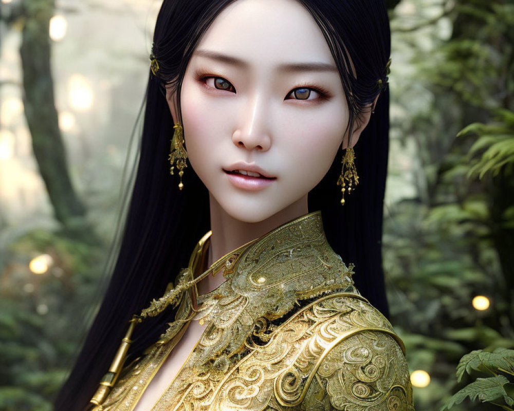 Digital artwork featuring woman with captivating eyes and ornate golden earrings in green traditional outfit against forest backdrop.