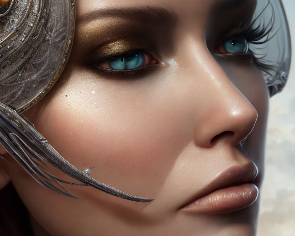 Detailed Close-Up of Woman with Striking Blue Eyes and Metallic Headpiece