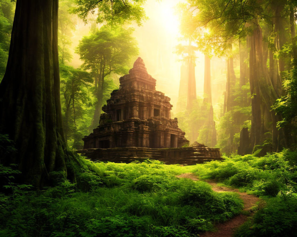 Ancient Temple in Lush Forest with Towering Trees and Sunbeams