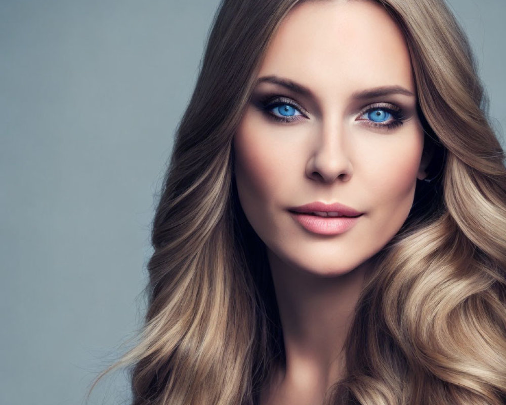 Blonde Woman with Blue Eyes and Elegant Hairstyle on Grey Background