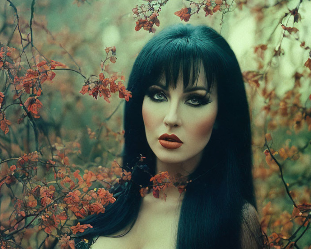 Dark-haired woman with striking makeup surrounded by red autumn leaves in misty forest