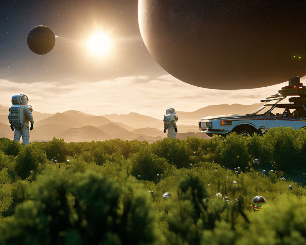 Astronauts in classic car on lush alien planet with exotic plants