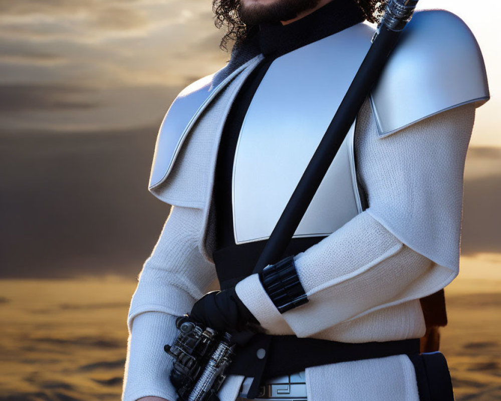 Sci-fi character in white and black attire wields green lightsaber under dramatic sky