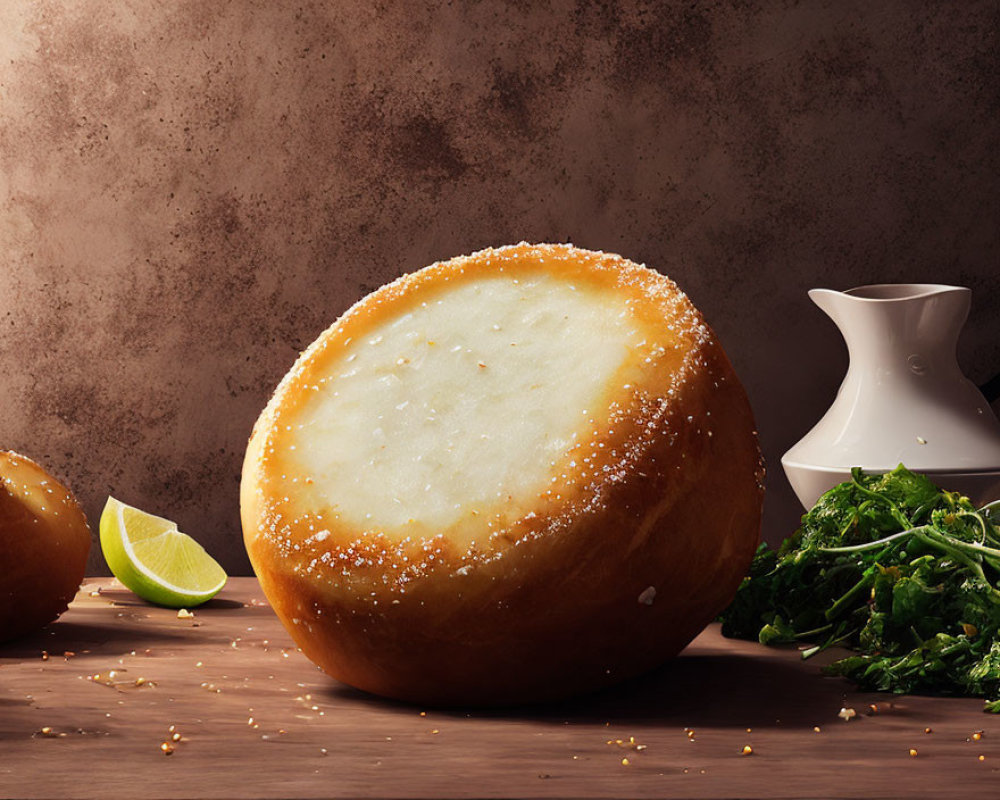 Freshly Baked Bread with Lime Slice and Greens on Wooden Surface