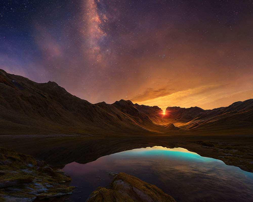 Tranquil nightscape with starry sky, mountain lake, and vibrant sunrise/sunset