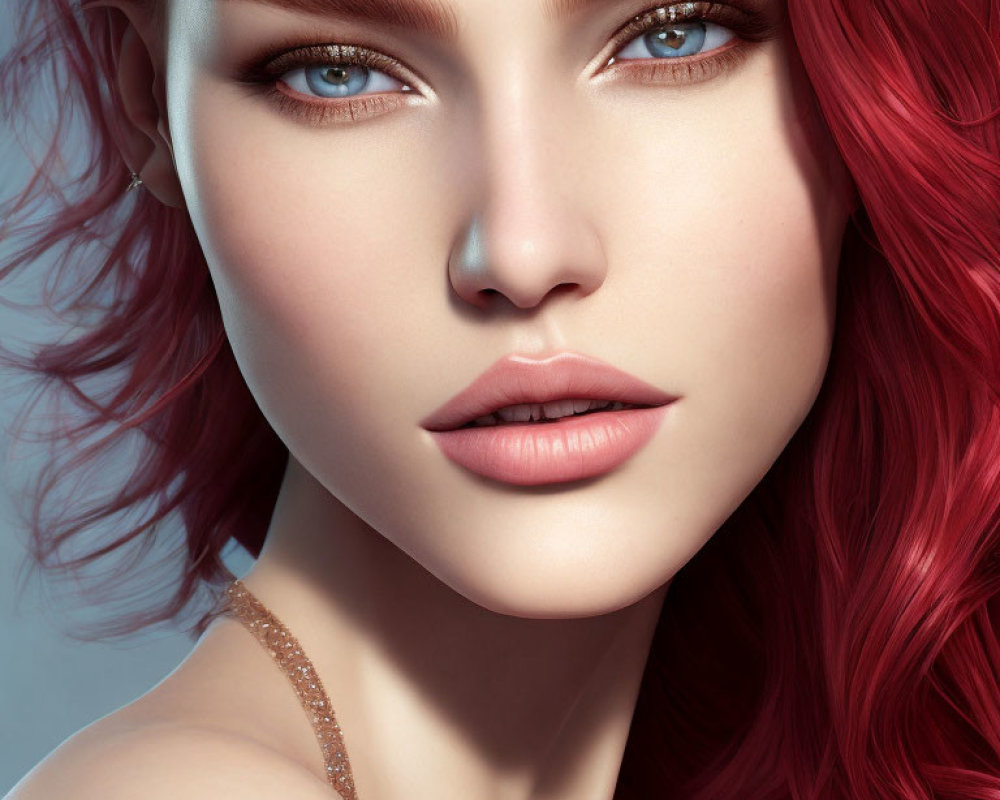 Close-up portrait of a woman with blue eyes, red wavy hair, and confidence