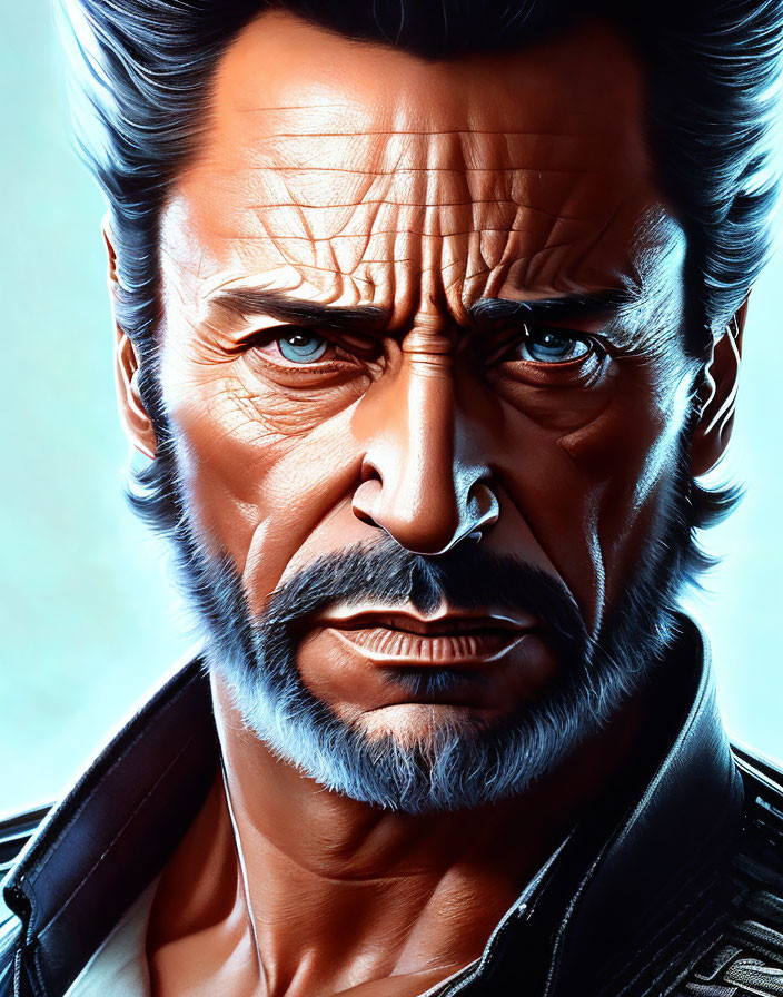 Detailed illustration of a man with stern expression, defined jawline, piercing eyes, and slicked-back