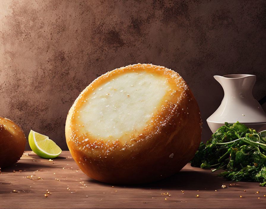 Freshly Baked Bread with Lime Slice and Greens on Wooden Surface