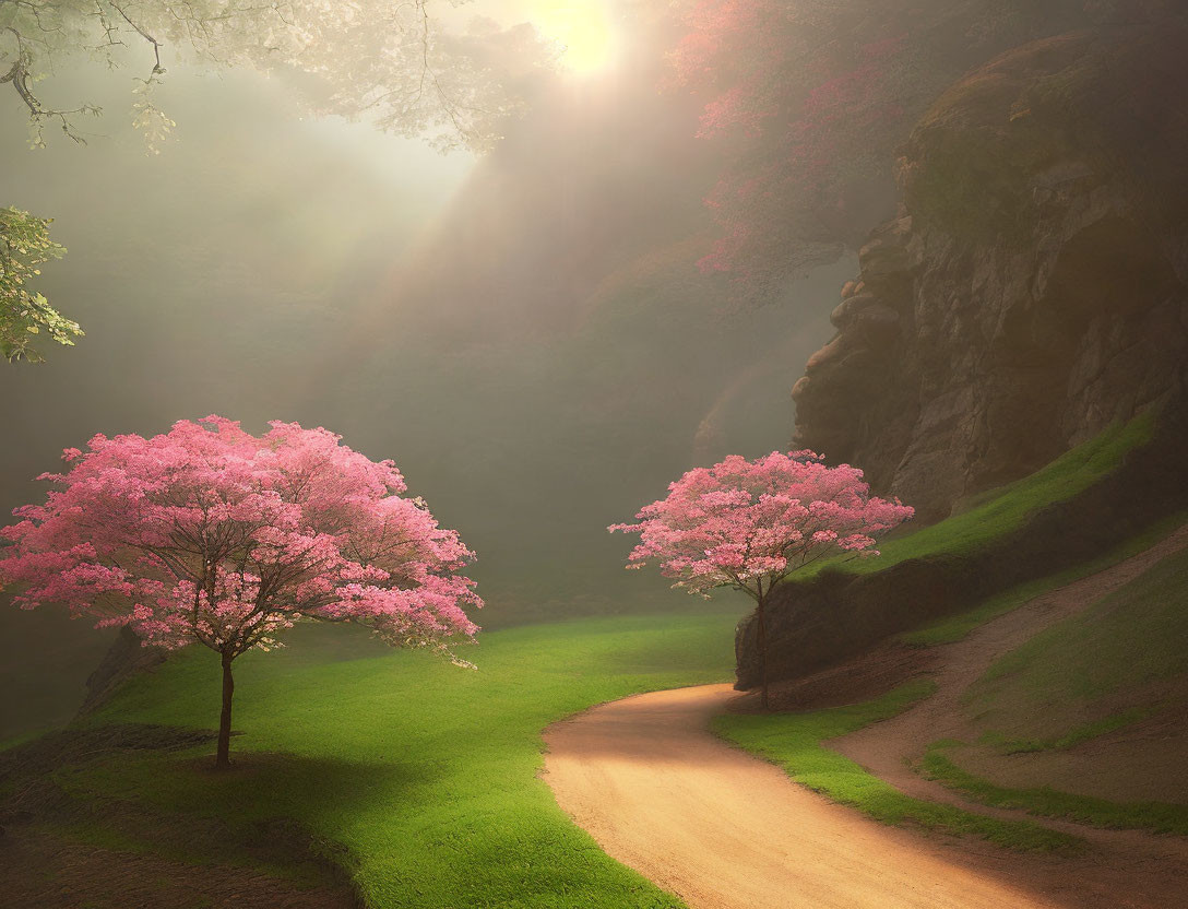 Tranquil Path with Pink Cherry Blossom Trees and Sunlight