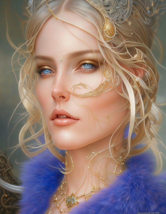 Blonde Woman Portrait with Blue Eyes and Golden Jewelry