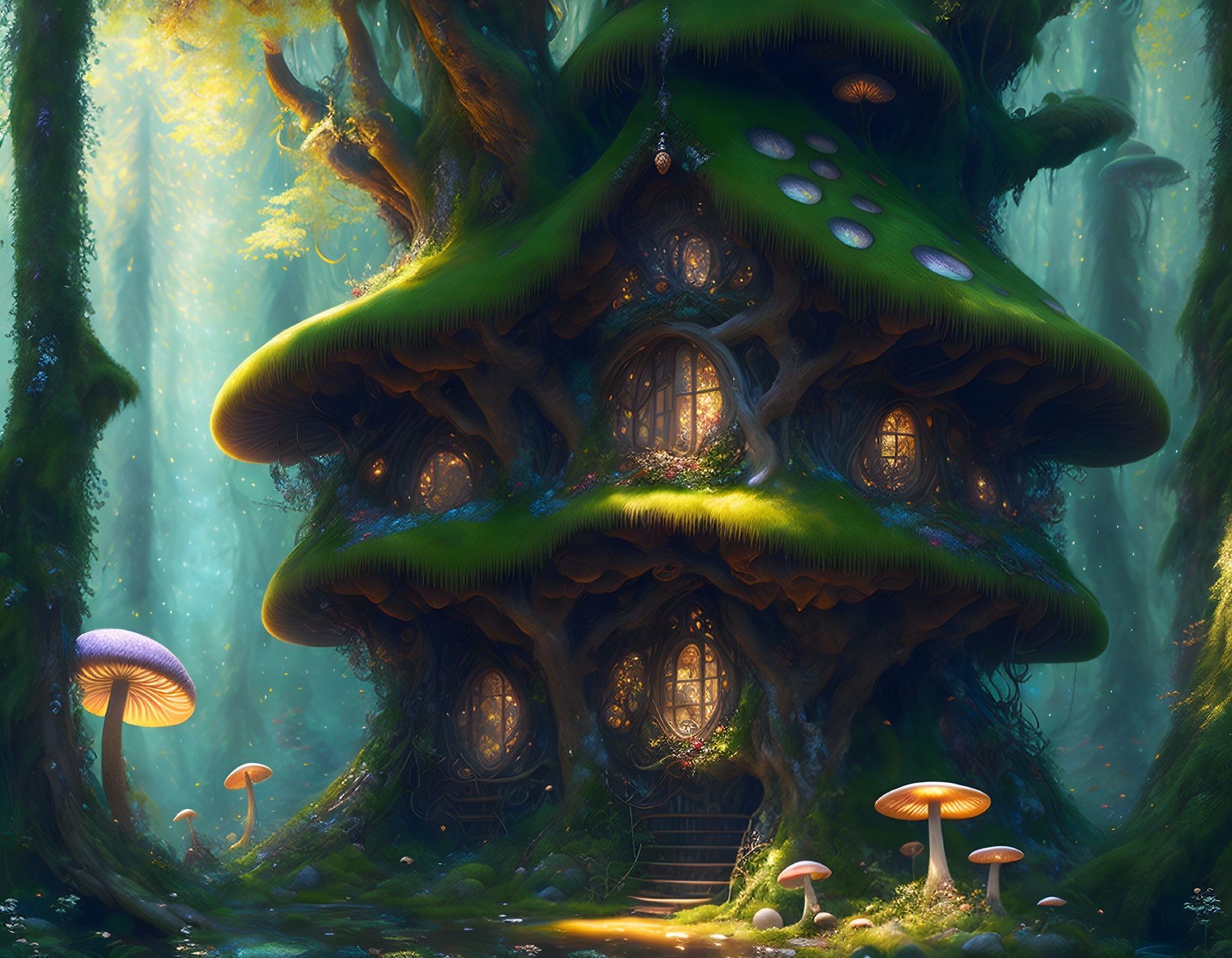 Enchanted forest scene with oversized mushroom house