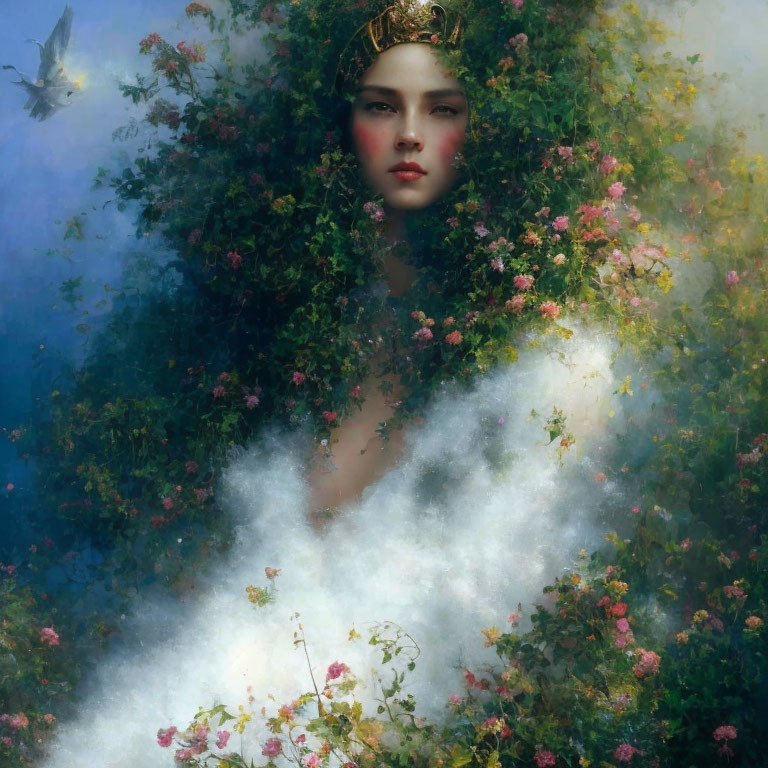 Portrait of Woman with Floral Background and Mystical Bird