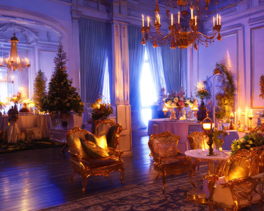 Luxurious Ballroom Decor with Golden Chairs and Christmas Trees