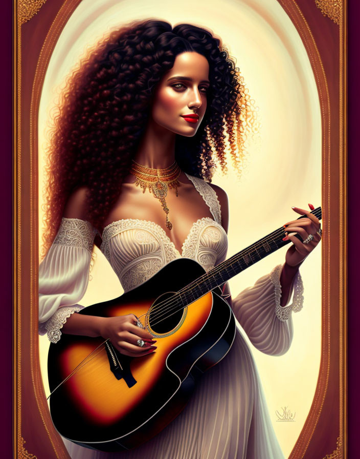 Curly-Haired Woman Playing Guitar in Vintage-Style Frame