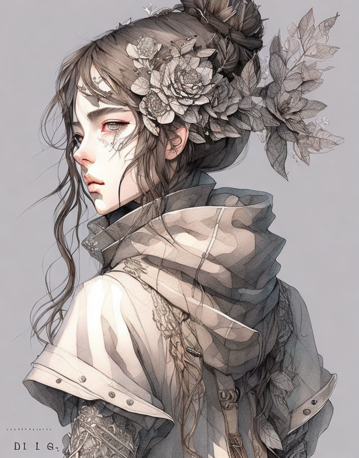 Melancholic girl with floral hair adornments in detailed, ethereal art.