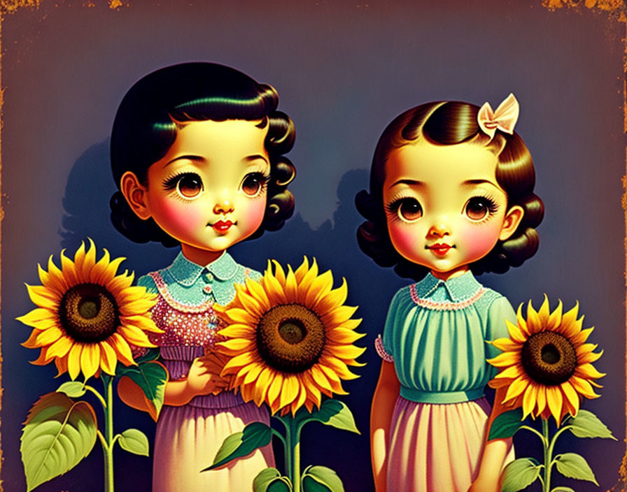 Illustrated girls with large eyes and sunflowers in vintage art style