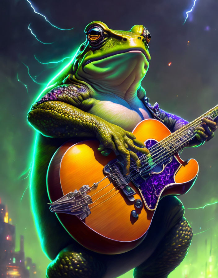 Anthropomorphic frog playing bass guitar with lightning background