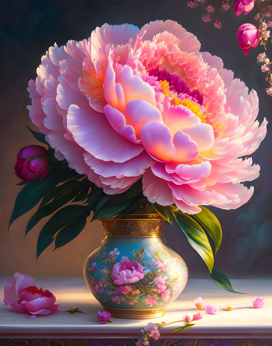 Pink peony in ornate vase against shadowed background