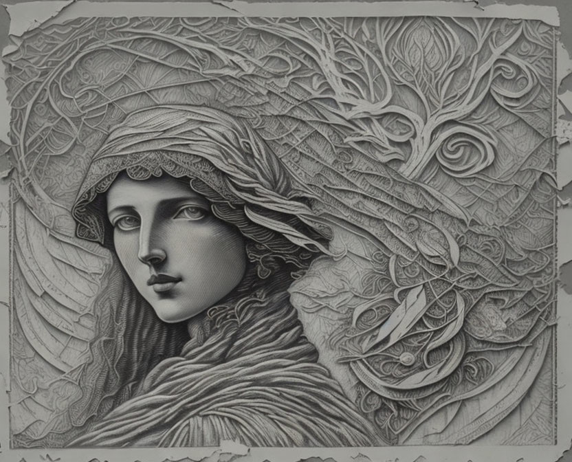 Monochromatic artwork of woman with enigmatic expression and ornate floral patterns