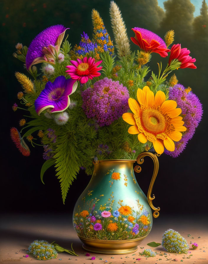 Colorful Flower Bouquet in Gold and Blue Vase on Dark Background