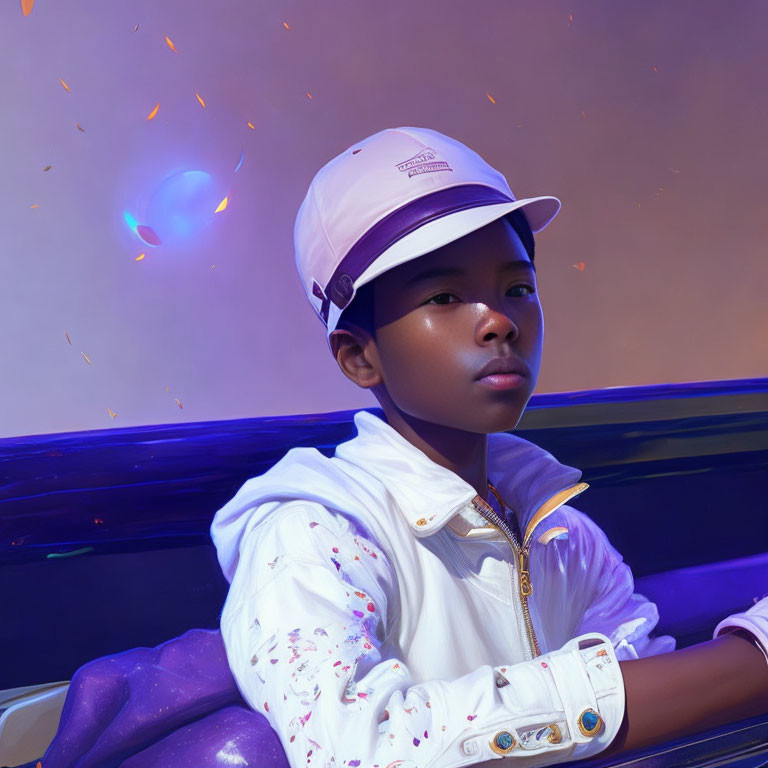 Young person in white jacket and visor cap with holographic sphere and ethereal sparks.