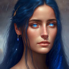 Blue-haired woman with gold jewelry in starry backdrop