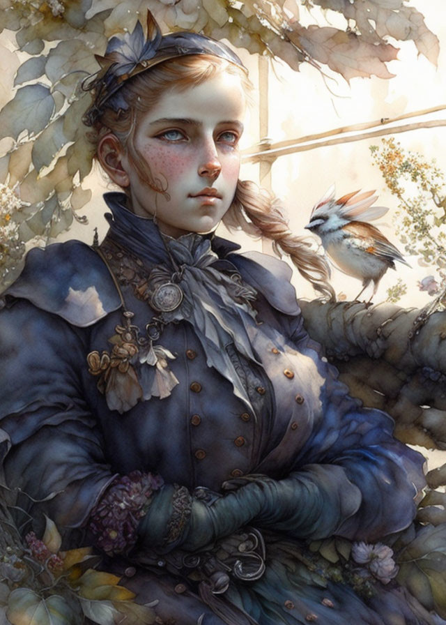 Victorian-style girl with blue eyes in autumn setting with bird.