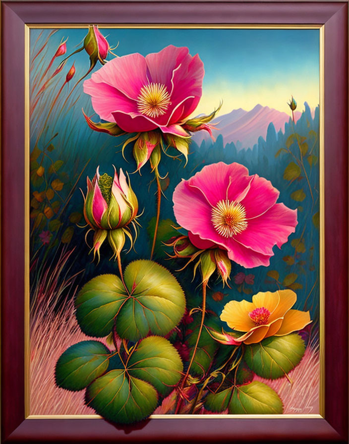 Pink Wild Roses Painting in Red Frame: Dusk Mountain Landscape