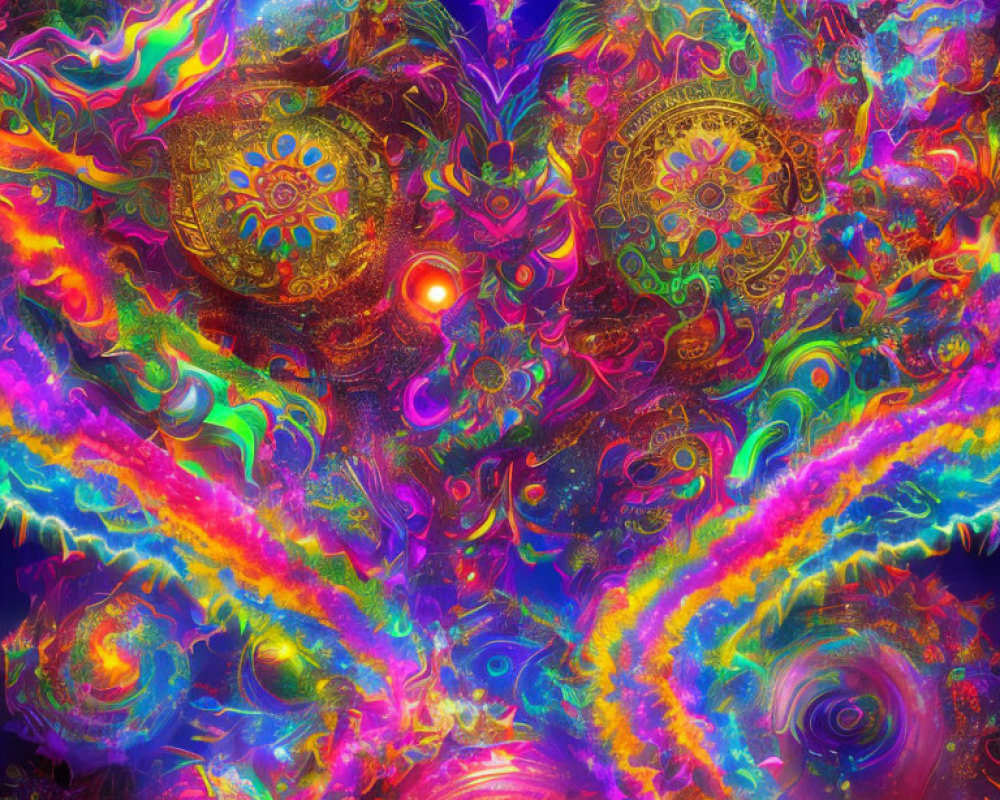 Colorful Abstract Digital Art with Psychedelic Eye and Mandala Patterns