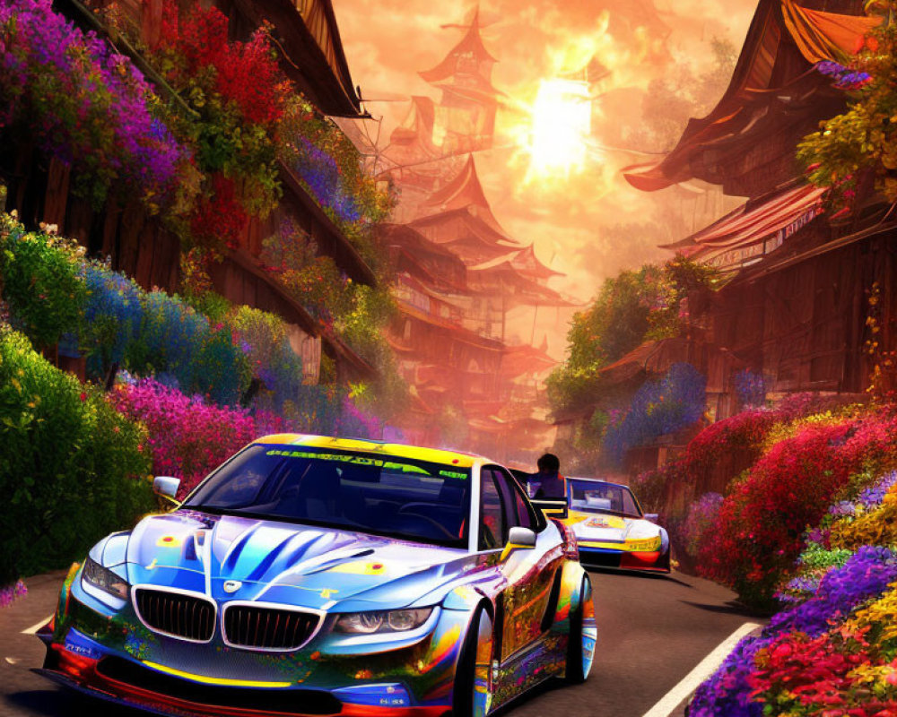 Vibrant BMW racing on flower-lined Asian street at sunset