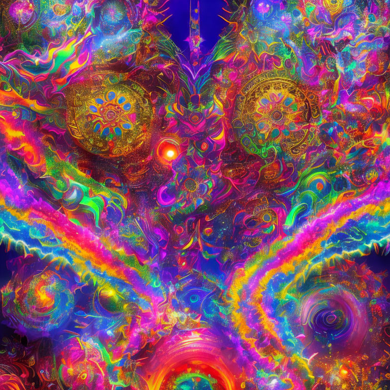 Colorful Abstract Digital Art with Psychedelic Eye and Mandala Patterns