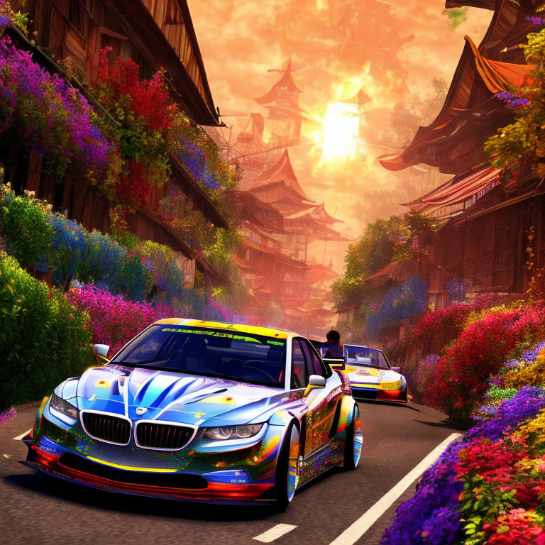 Vibrant BMW racing on flower-lined Asian street at sunset