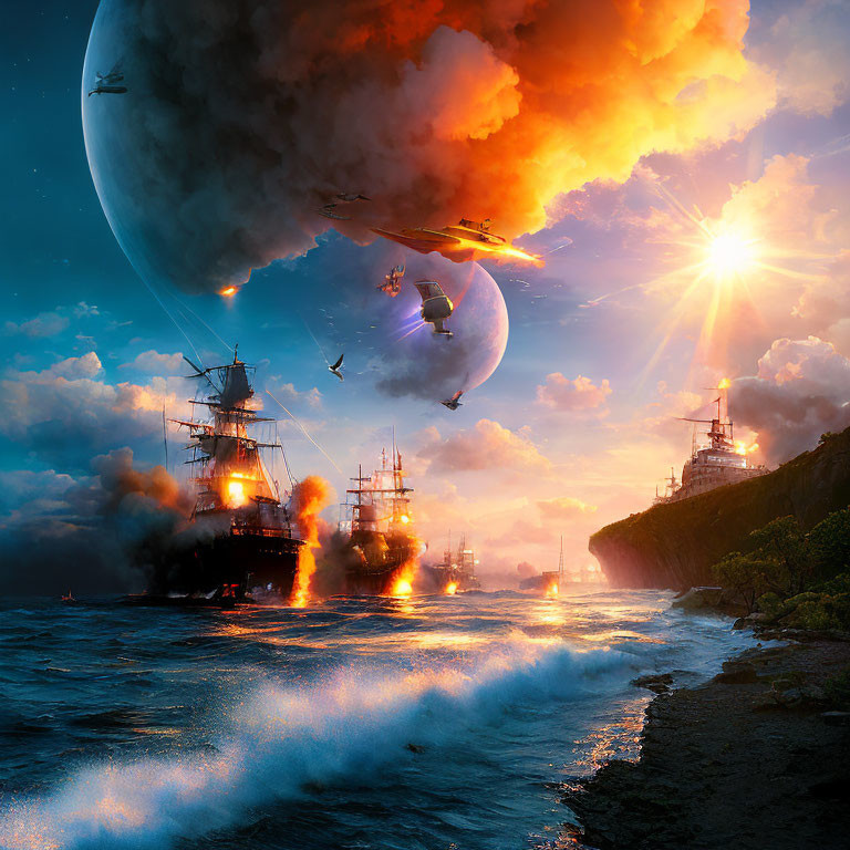 Dramatic sunset seascape with battling ships and futuristic airships.