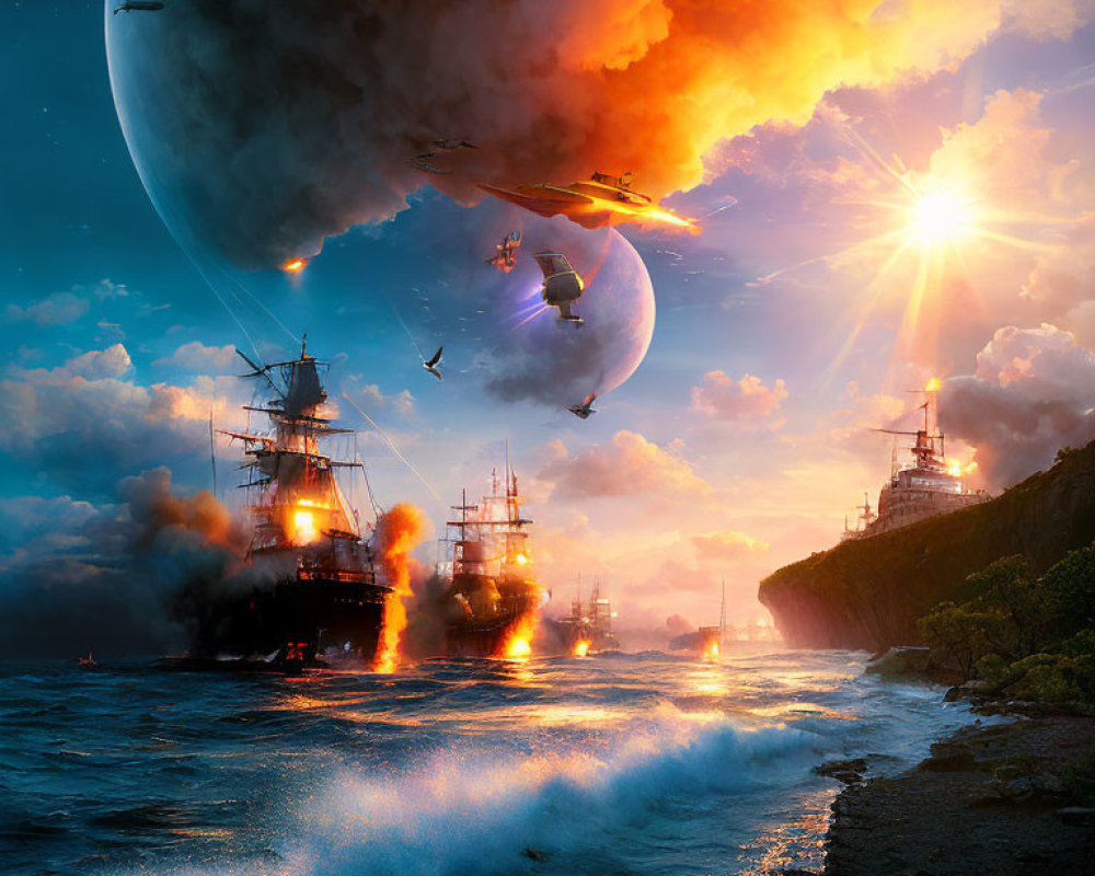 Dramatic sunset seascape with battling ships and futuristic airships.