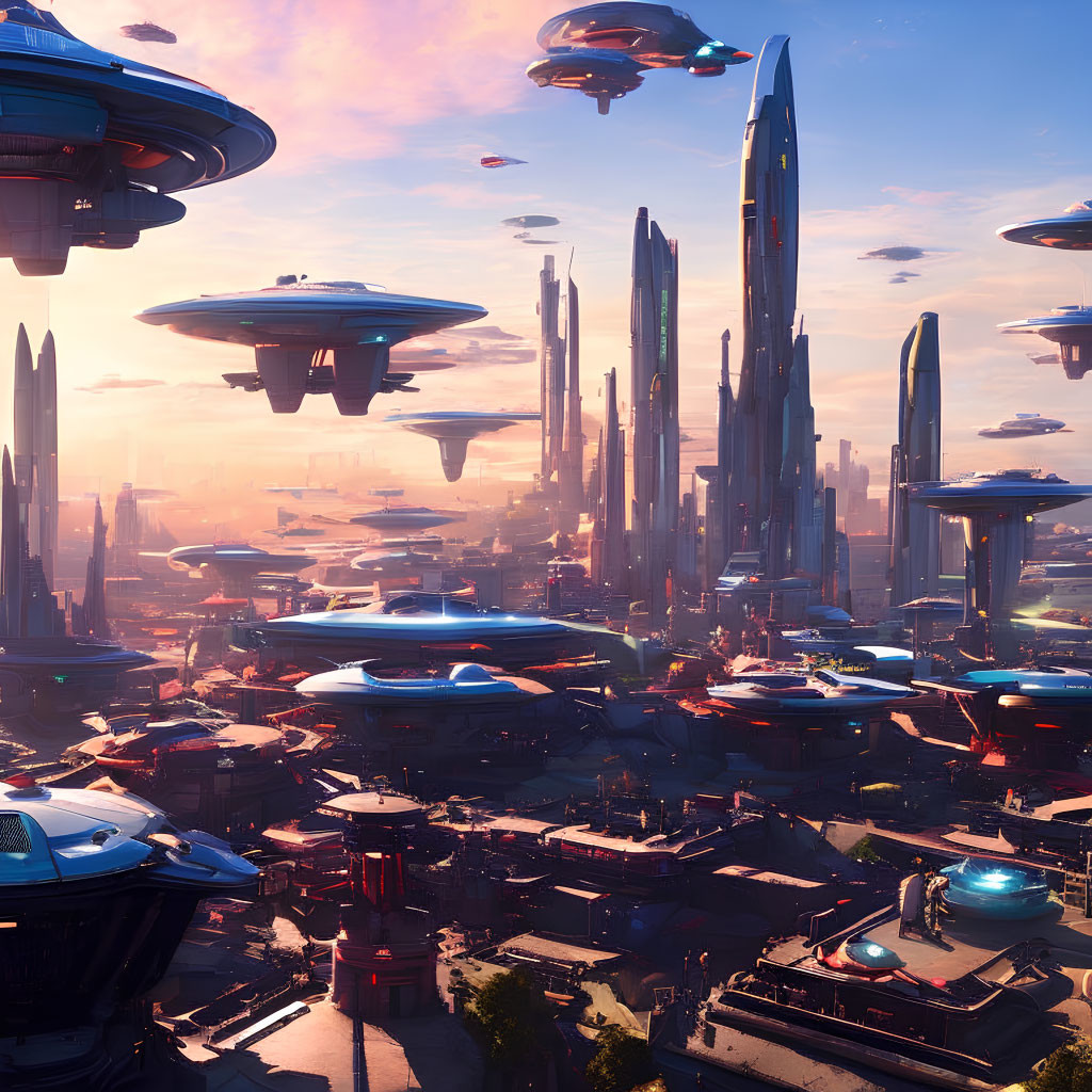 Futuristic cityscape with skyscrapers, flying vehicles, and floating platforms