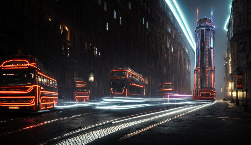 Neon-lit futuristic city street at night with illuminated buildings