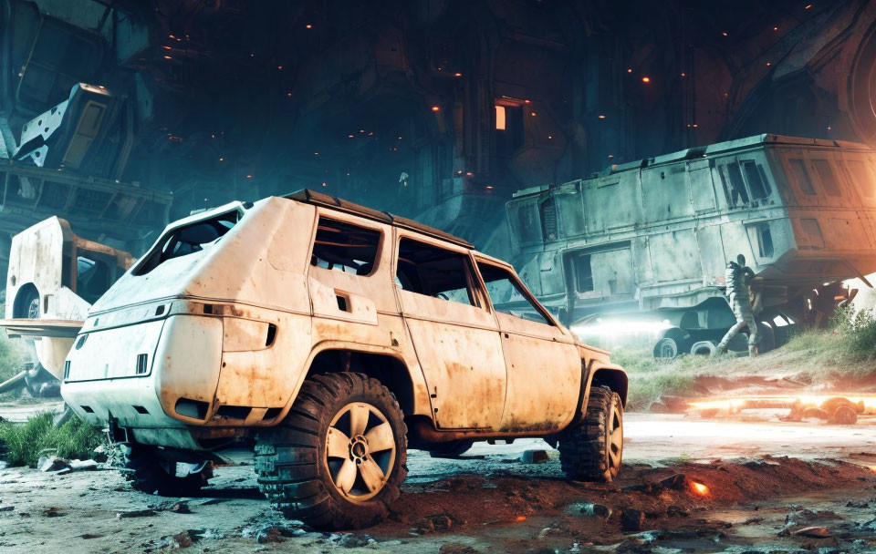 Abandoned warehouse scene with weathered SUV and futuristic figure