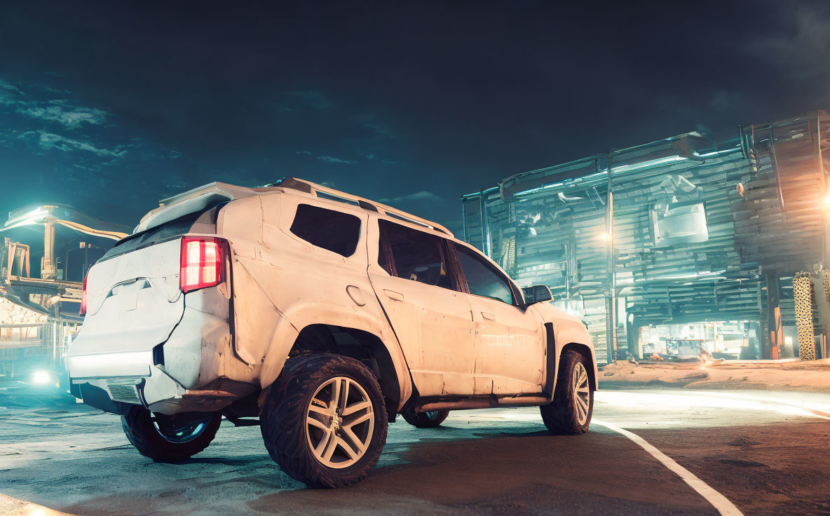 White SUV parked at night in industrial area with bright lights and metal structures