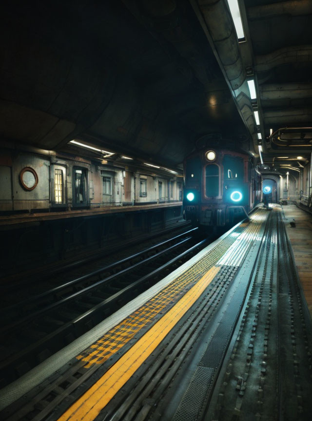 Subway station with approaching train in dim light