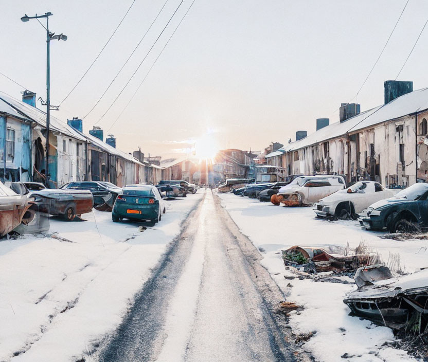 Snowy sunrise scene with parked cars and industrial buildings on a clear day