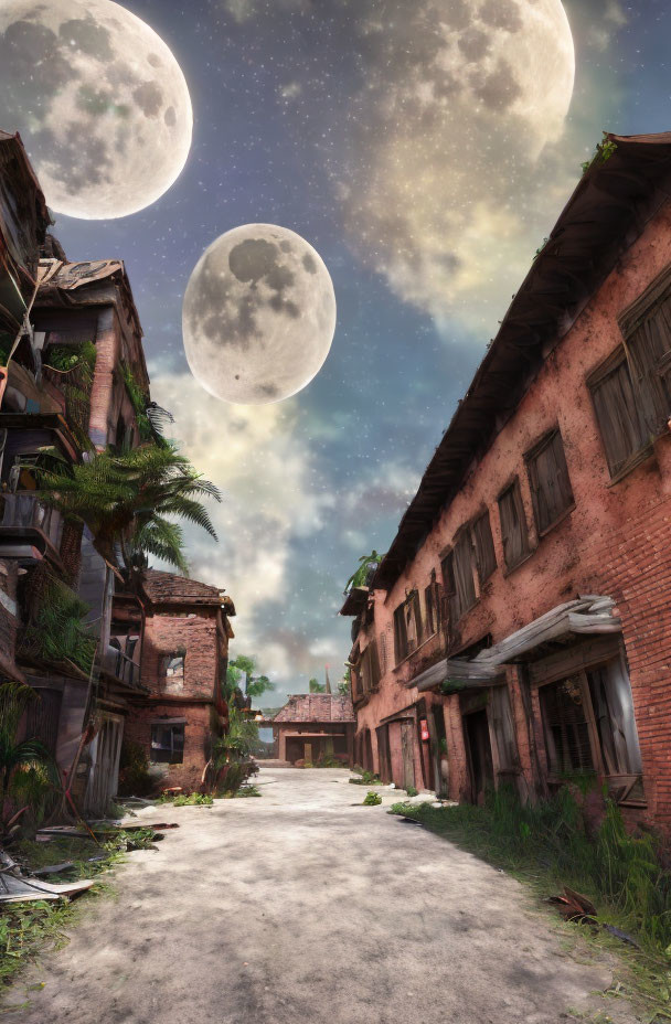 Desolate street with rundown brick buildings under dual moons.