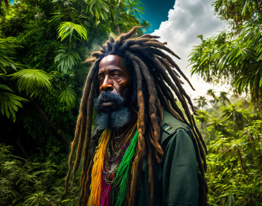 Bearded man with long dreadlocks in lush greenery