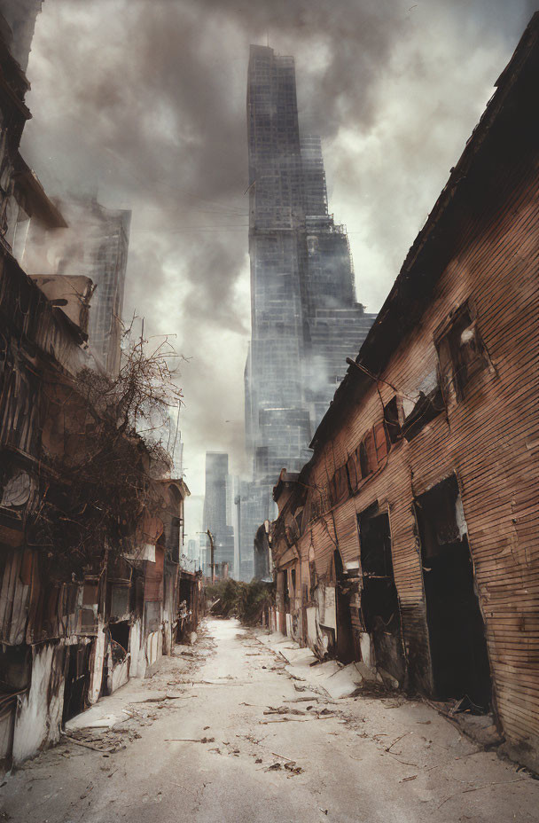 Desolate urban street with rundown buildings and futuristic skyscraper under cloudy sky