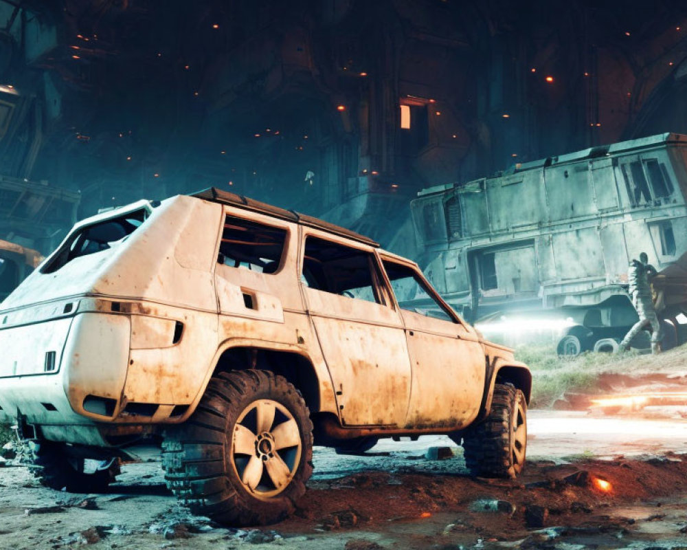 Abandoned warehouse scene with weathered SUV and futuristic figure