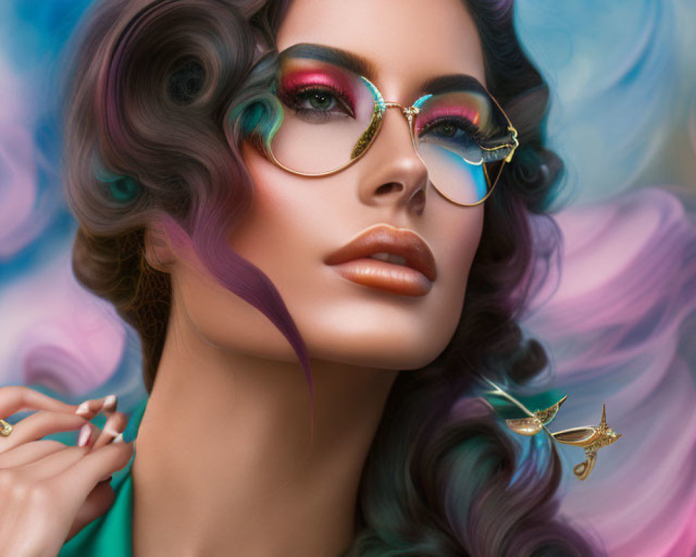 Colorful makeup and purple hair woman in ornate glasses and green blazer on blue swirl background