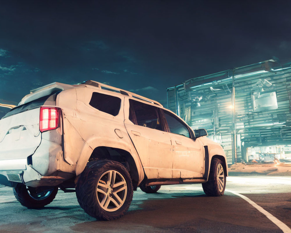 White SUV parked at night in industrial area with bright lights and metal structures