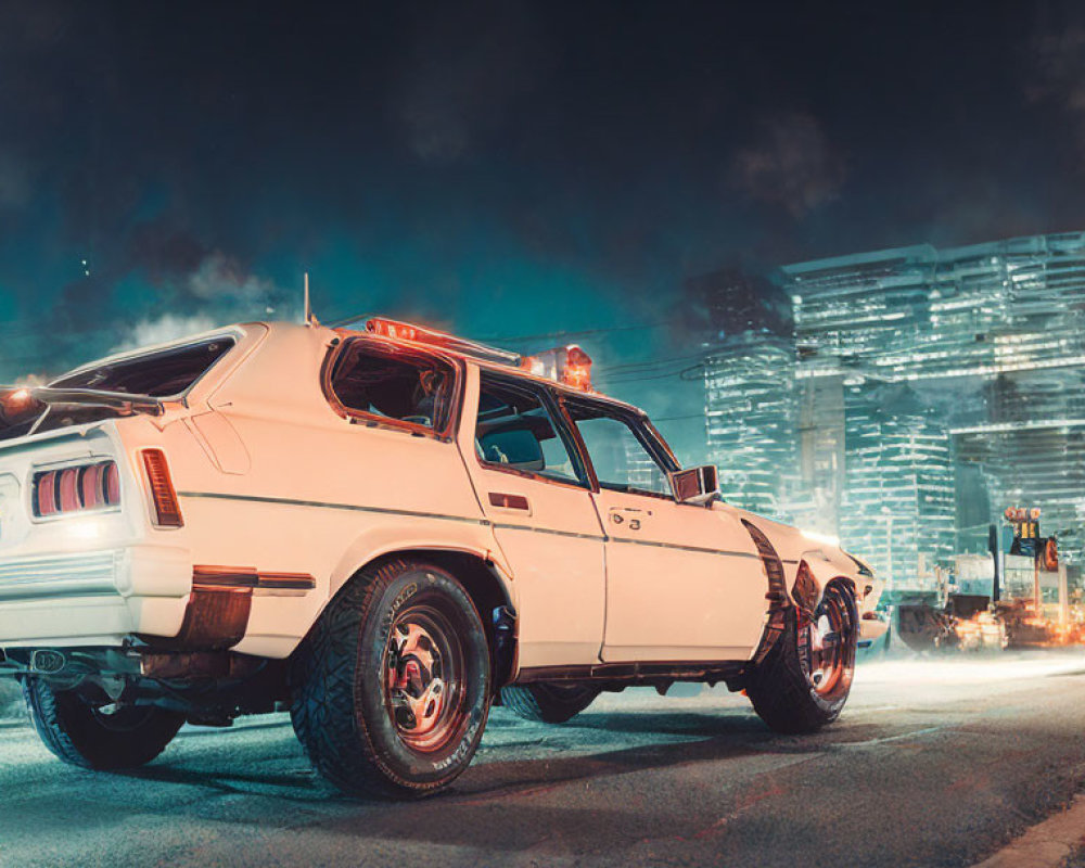 Vintage car on neon-lit city street with skyscrapers and fiery explosion